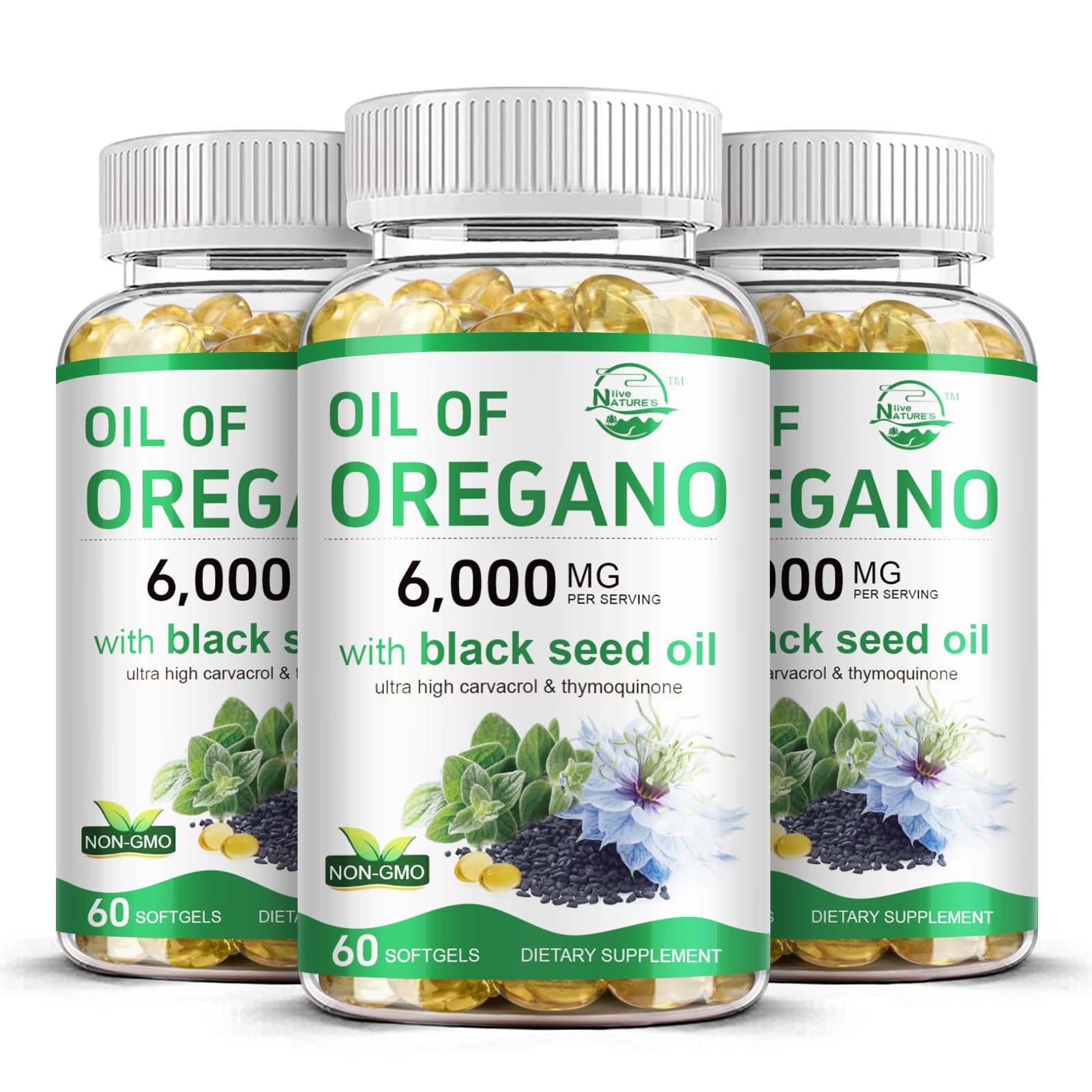 Nature's live Oil of Oregano with Black Seed Oil Softgels, 180 Count