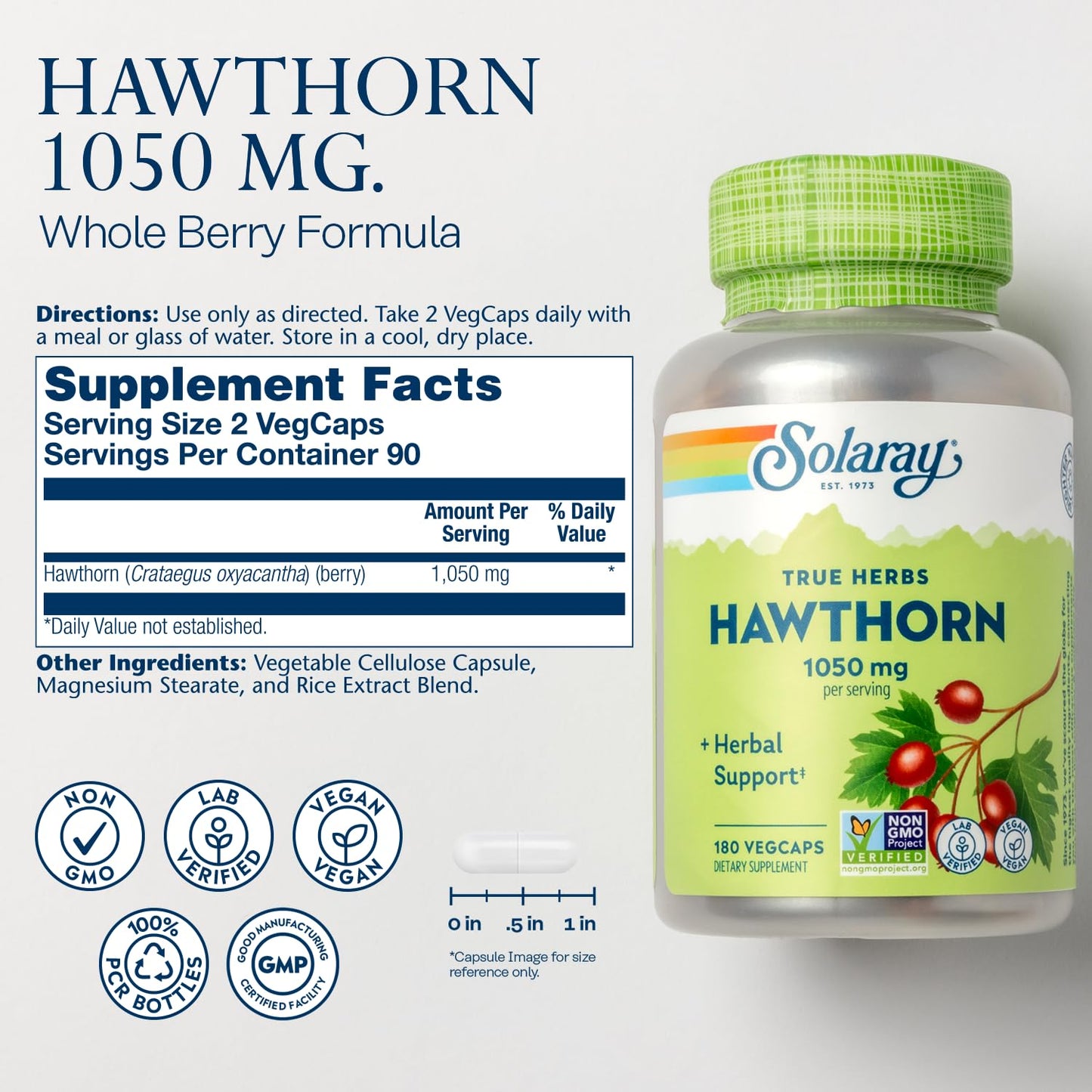 SOLARAY Hawthorn Berry Capsules 1050 mg – Soothing Herbal Support – Vegan, Non-GMO, 180 VegCaps