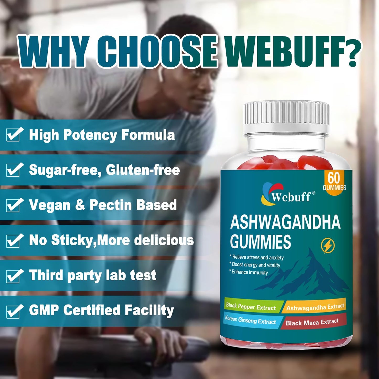 Webuff Ashwagandha Gummies with L-Theanine & Black Pepper Extract, 60 Count