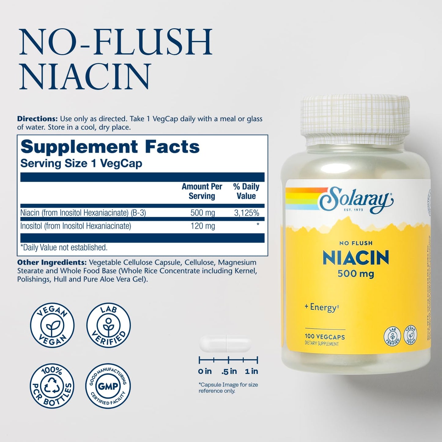 SOLARAY No-Flush Niacin 500mg Capsule, 100 VegCaps