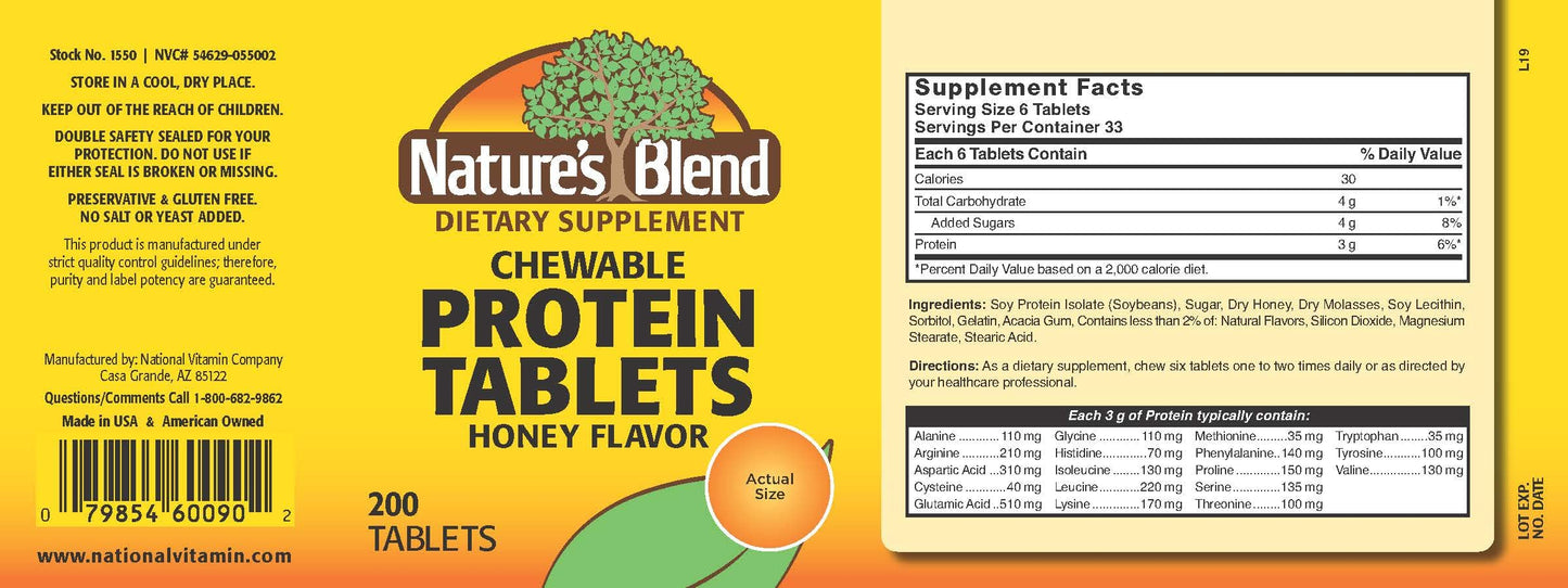 Nature's Blend Protein Tablets Honey Flavor Chewable, 200 Tablets