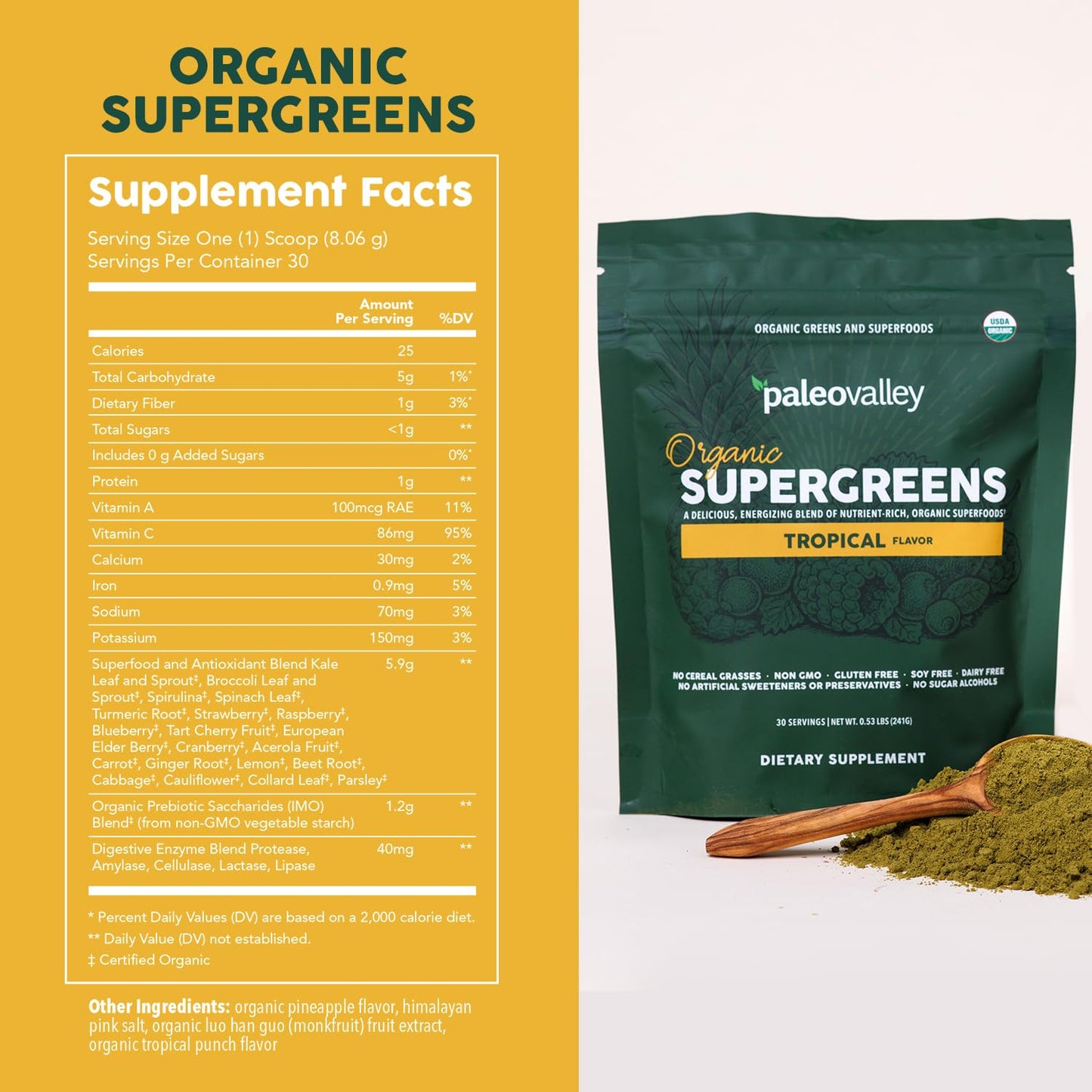 Paleovalley Organic Supergreens Powder with 23 Superfoods Tropical, 8.48 Ounce