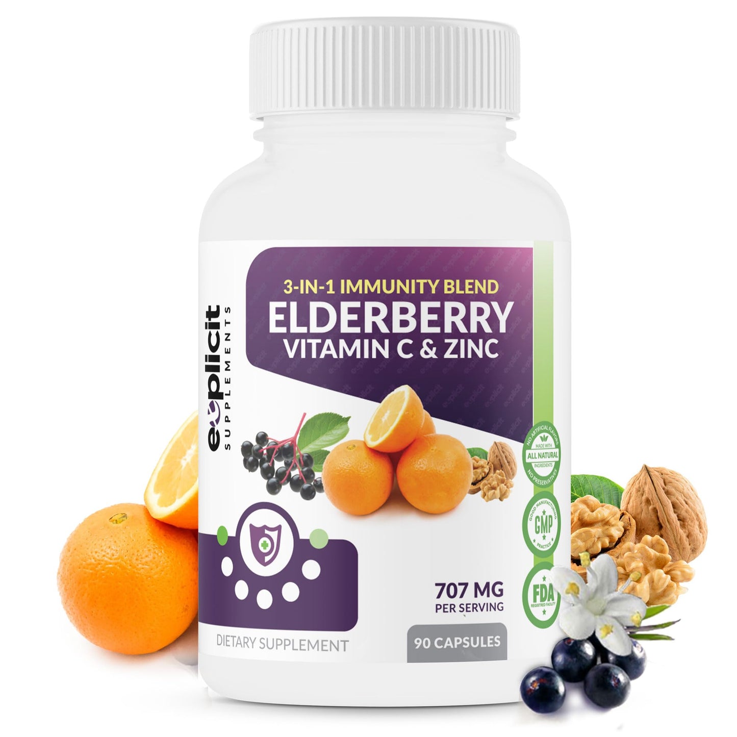 eXplicit Supplements All Natural Elderberry, Vitamin C & Zinc Supplement Capsules, 1 Count