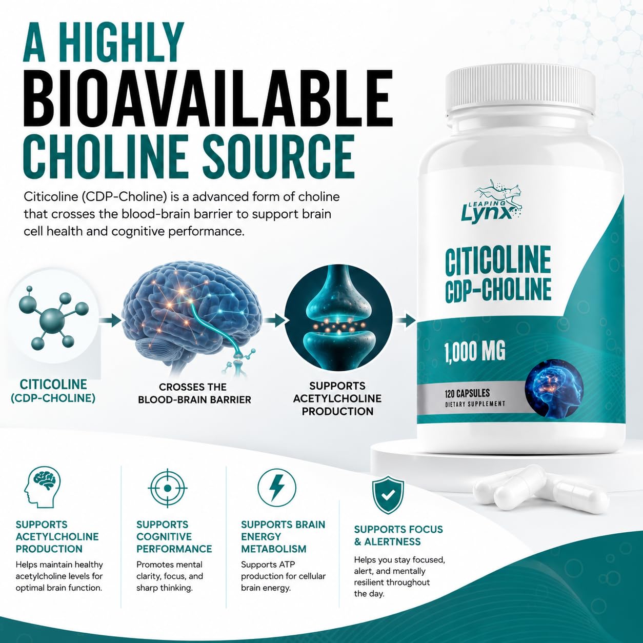 Leaping Lynx Citicoline 1000 mg (CDP Choline) Capsules, 120 Count
