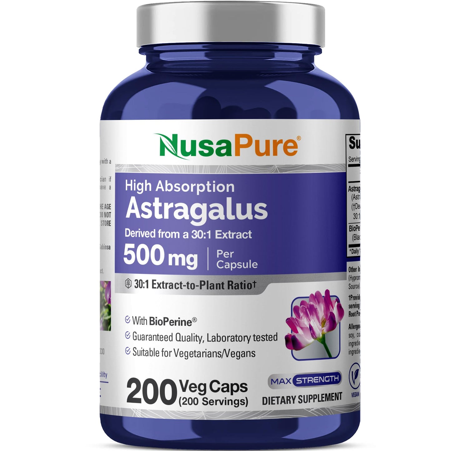 NusaPure Astragalus Root 500 mg Capsules, 200 Count