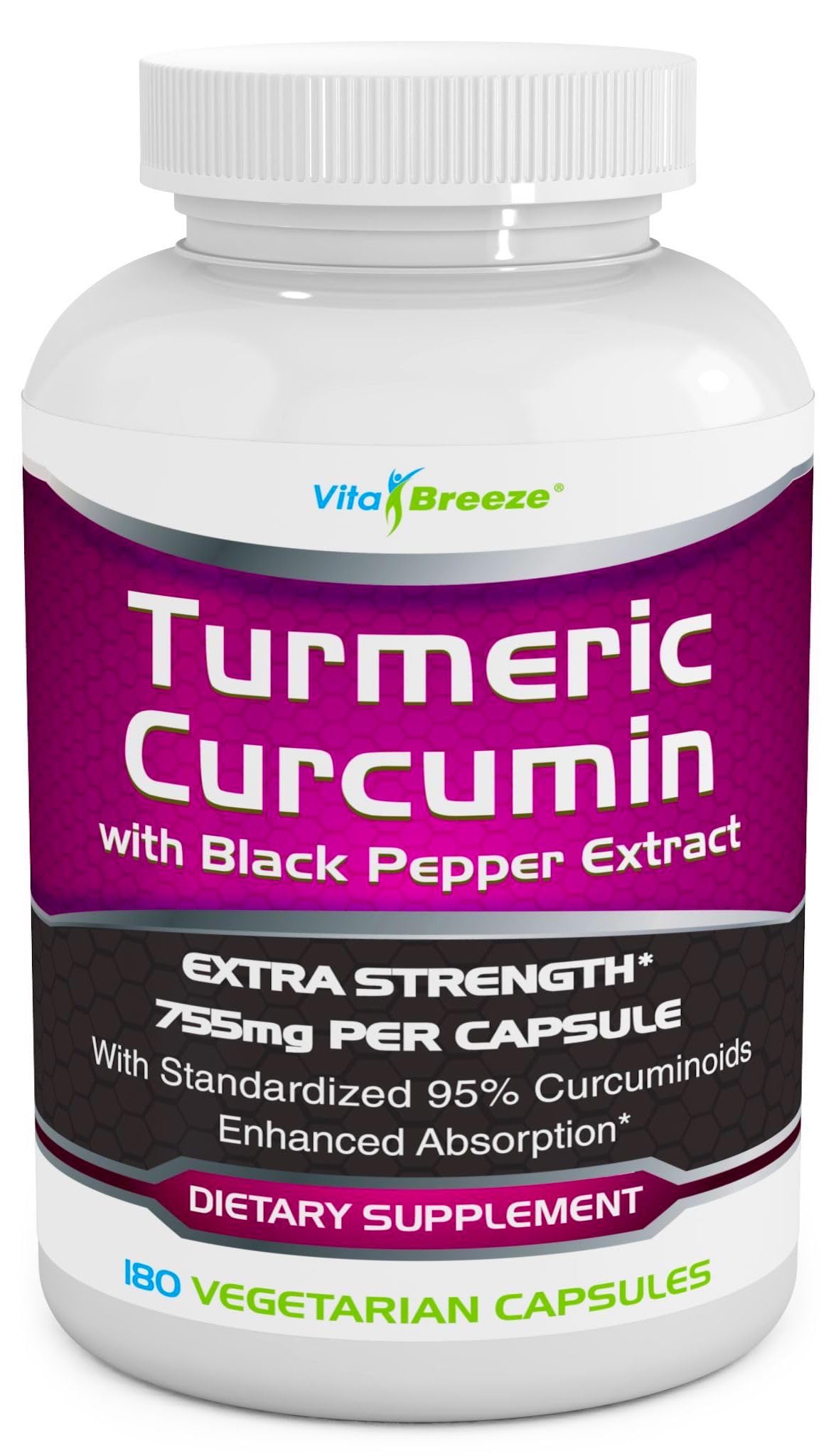 VitaBreeze Turmeric Curcumin Complex with Black Pepper Extract 755mg per Capsule, 180 Veg Caps