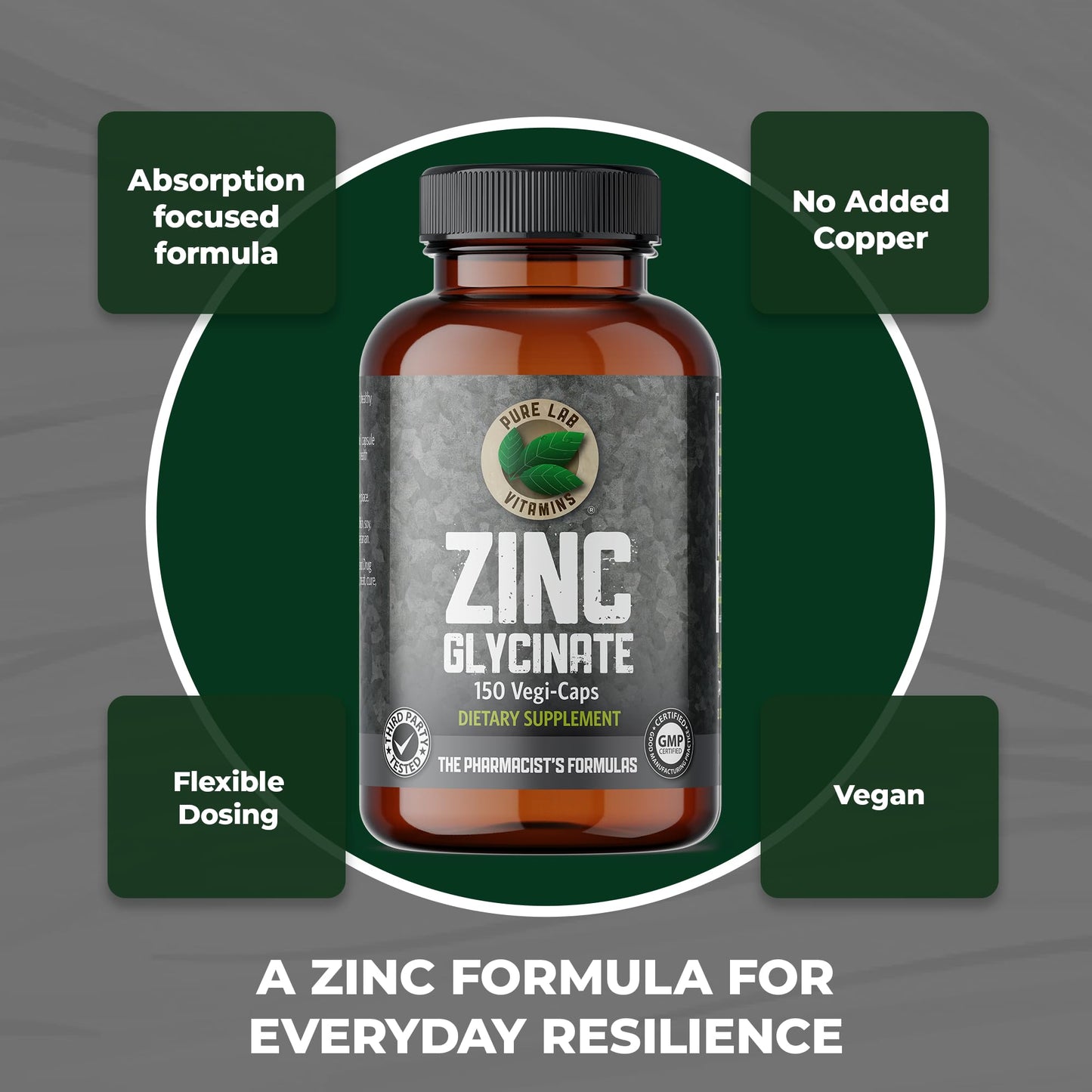 Pure Lab Vitamins Zinc Glycinate Capsules, 150 Count