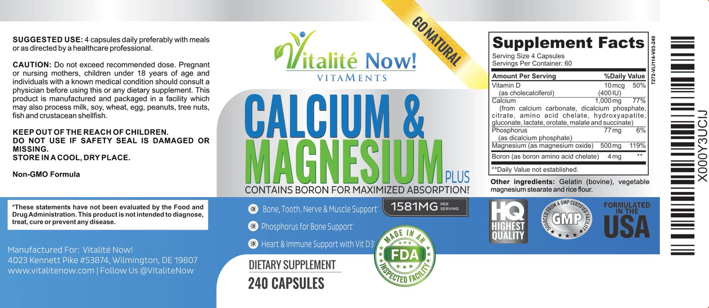 Vitalité Now! Calcium Magnesium Supplement 1000mg with Vitamin D Capsule, 240 Count