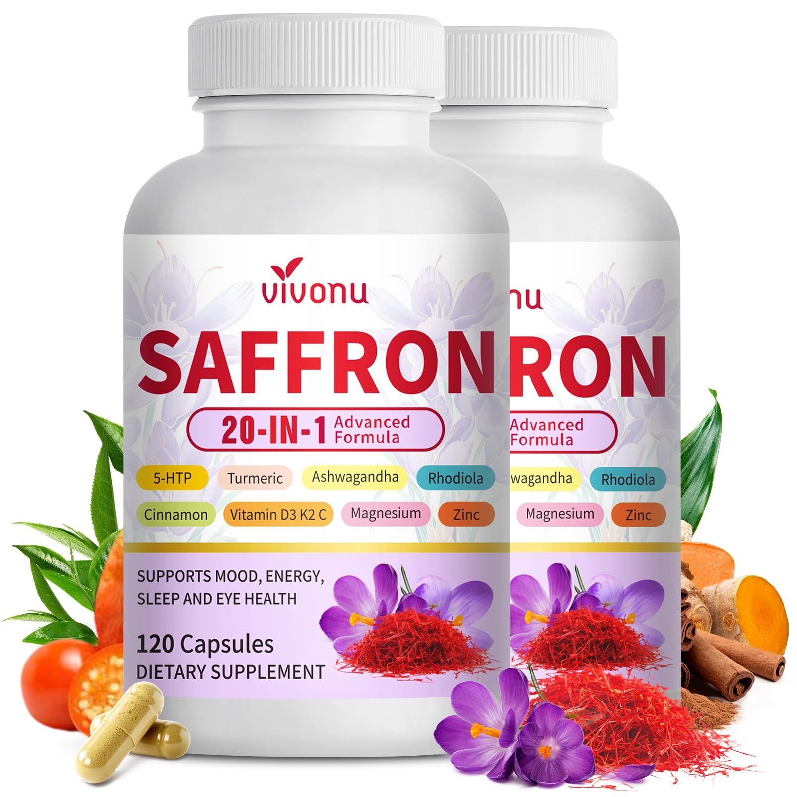 VivoNu Saffron Supplements Saffron Extract Capsules 20-in-1 with Ashwagandha, Turmeric, Rhodiola, Vitamin D, Magnesium, Supports Mood, Sleep, Energy Immune & Eye Health, Non-GMO, 240 Capsules