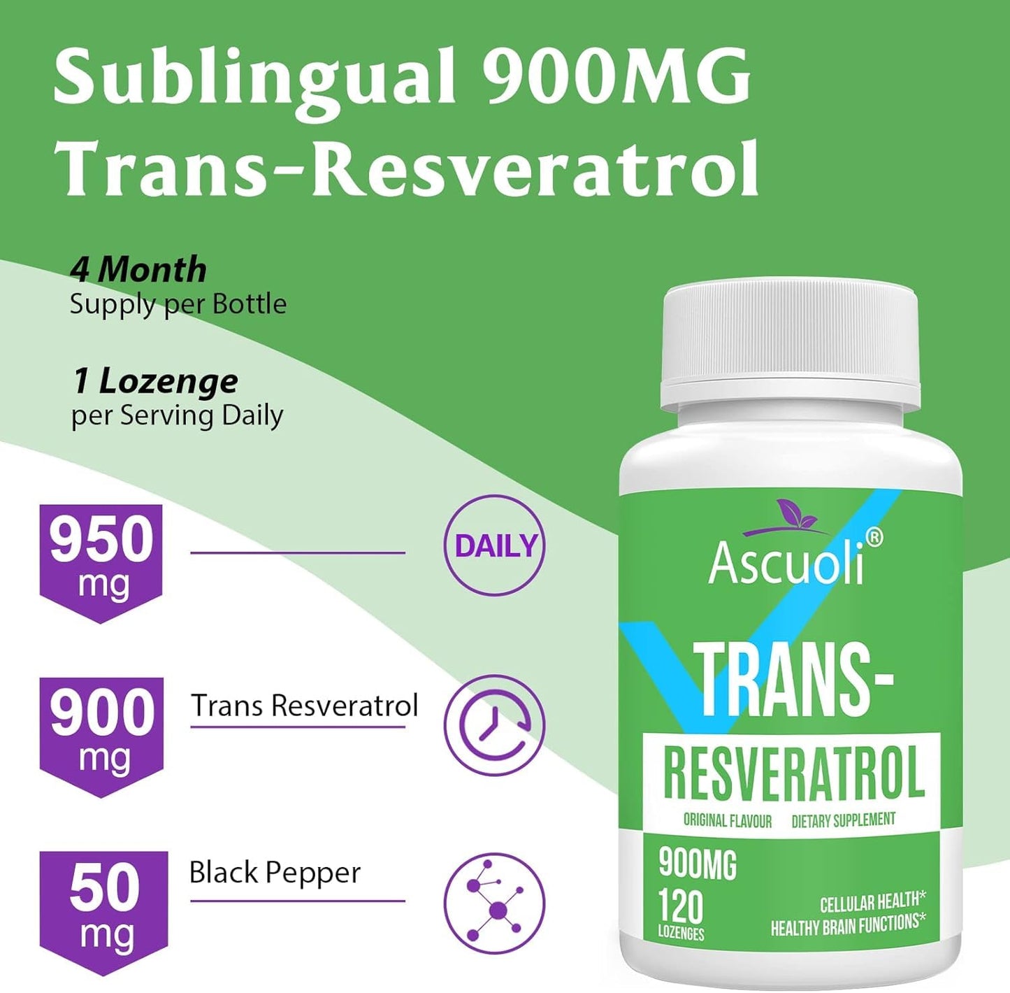 Ascuoli Trans-Resveratrol Purity 99%, 3-in-1 Advanced Formula Resveratrol Supplement for NAD+, Immune & Energy Support, Anti-Aging, Skin Health & Antioxidant, 240 Tablets