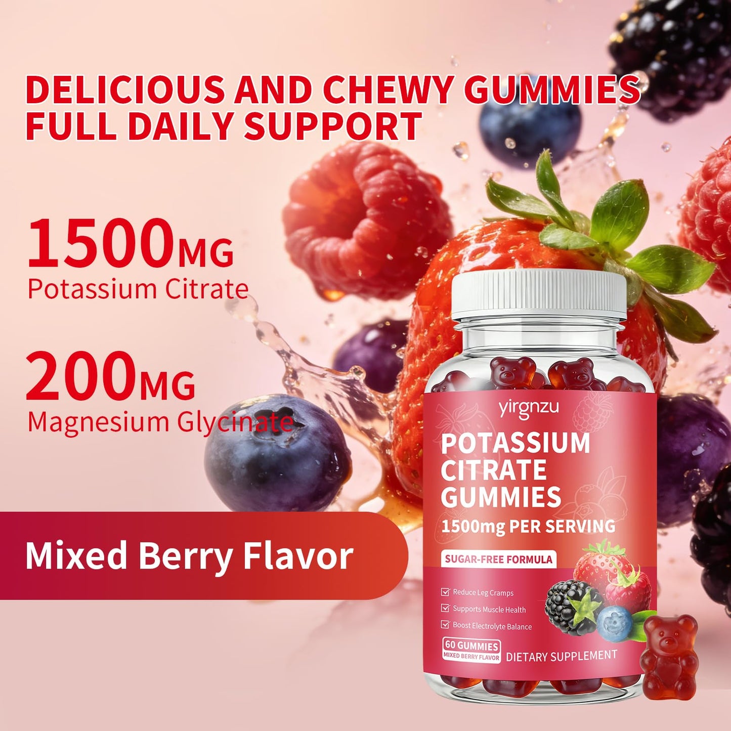 yirgnzu Potassium Citrate Gummies 1500mg, 60 Count