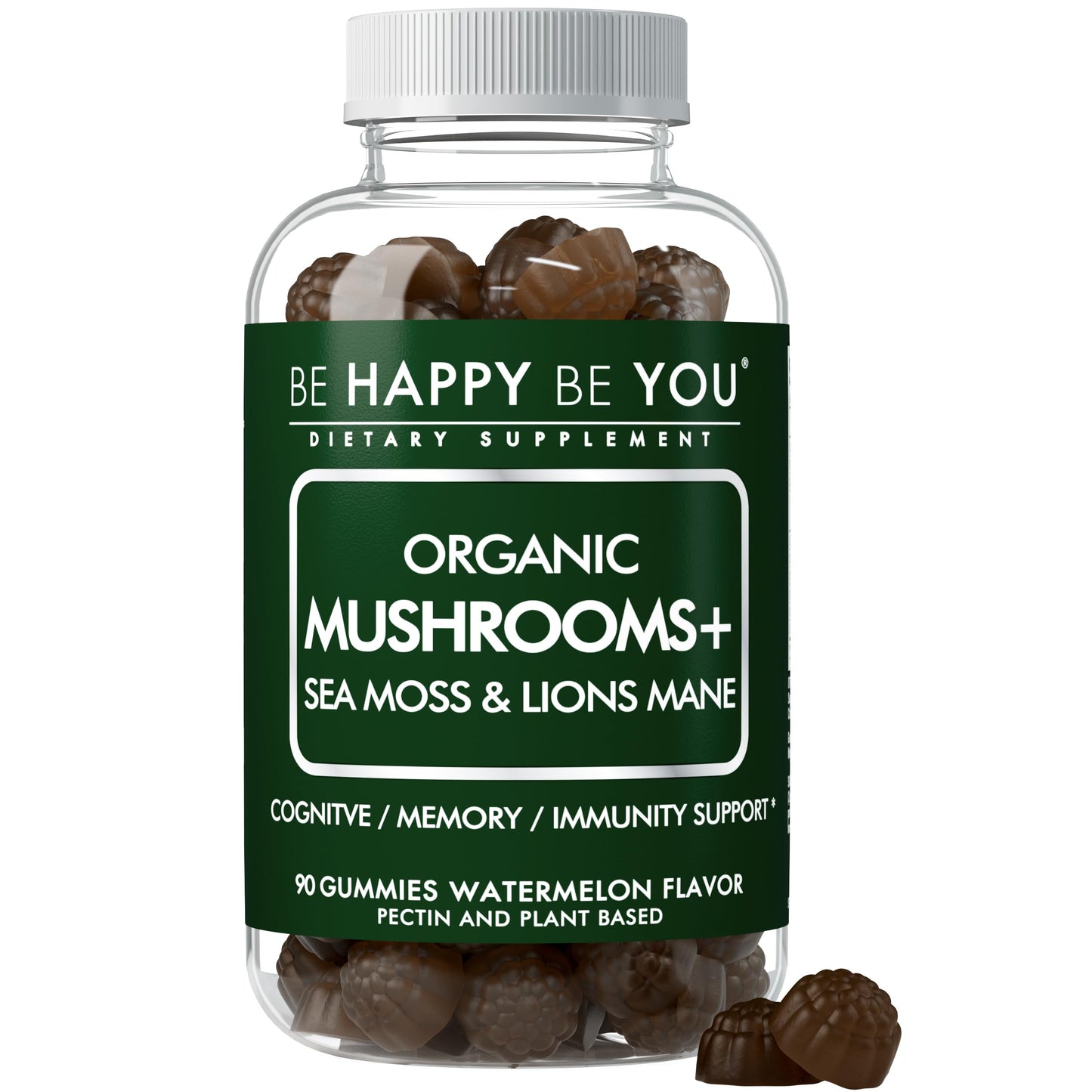 Be Happy Be You Organic Mushroom Sea Moss Gummies – Lion’s Mane, Reishi, Chaga, Cordyceps, Coriolus & Irish Moss – Cognitive & Immune Support – Vegan, Gelatin-Free, Pectin-Based – Watermelon, 90 Count