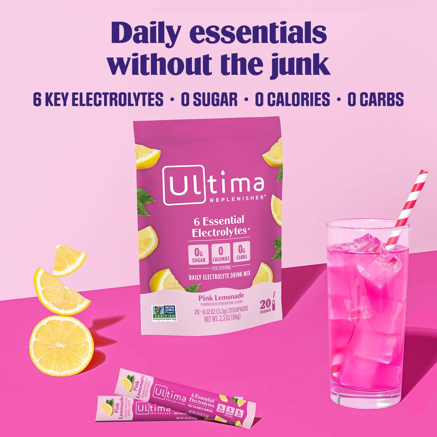 Ultima Replenisher Pink Lemonade Electrolyte Powder Packets, 20 Count