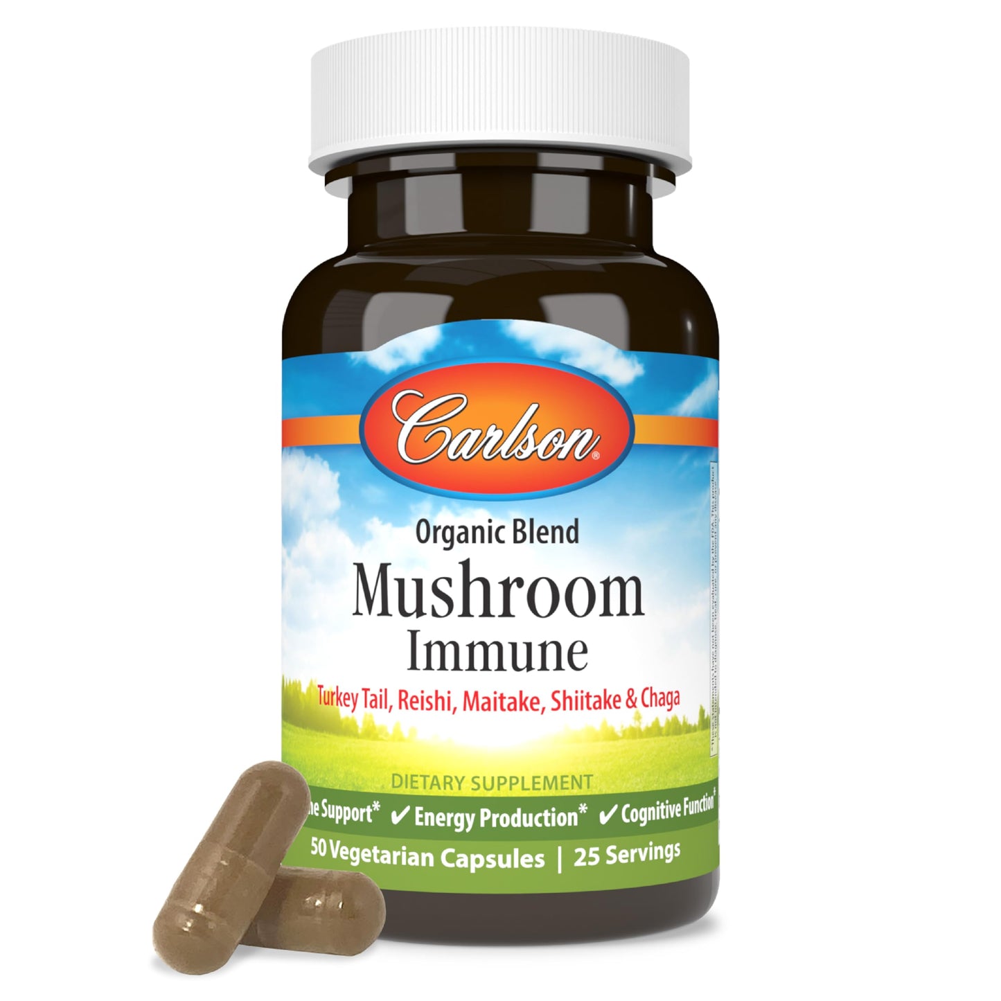 Carlson Mushroom Complex, Organic Blend with Turkey Tail, Reishi, Maitake, Shiitake, Chaga, Non-GMO, 50 Capsules