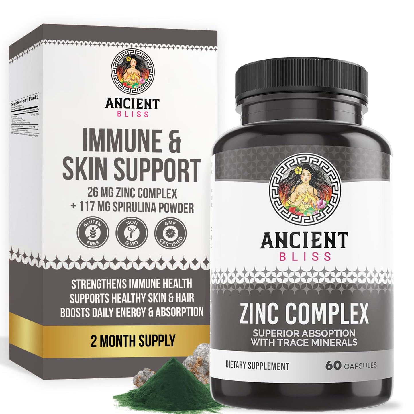Ancient Bliss Zinc Complex Capsules with Enhanced Absorption, Antioxidant & Immune Support, 60 Capsules