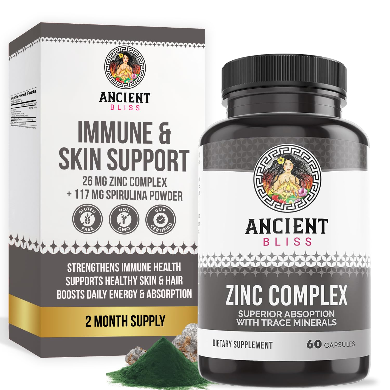 Ancient Bliss Zinc Complex Capsules with Enhanced Absorption, Antioxidant & Immune Support, 60 Capsules
