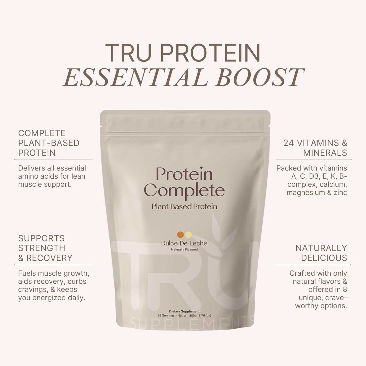 TRU Supplements Plant Based Protein Powder with Brown Rice & Pea Protein, 26.4 oz