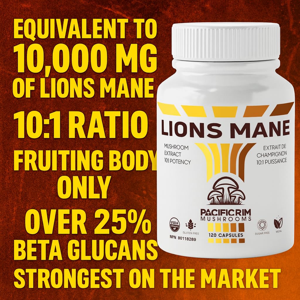 Pacific Rim Mushrooms Lion’s Mane 10,000 mg Equivalent – 10:1 Organic Extract with Verified Beta-Glucans Capsules, 300