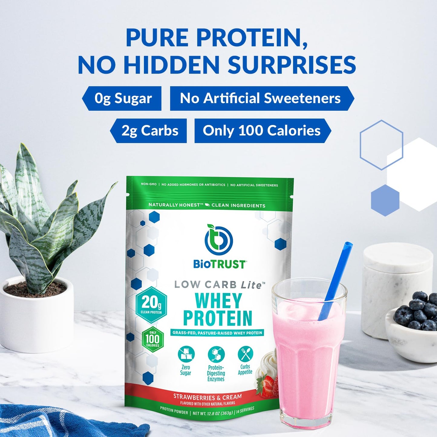 BioTrust Low Carb Lite Grass-Fed Whey Protein Isolate Protein Powder Strawberries and Cream 12.8 oz