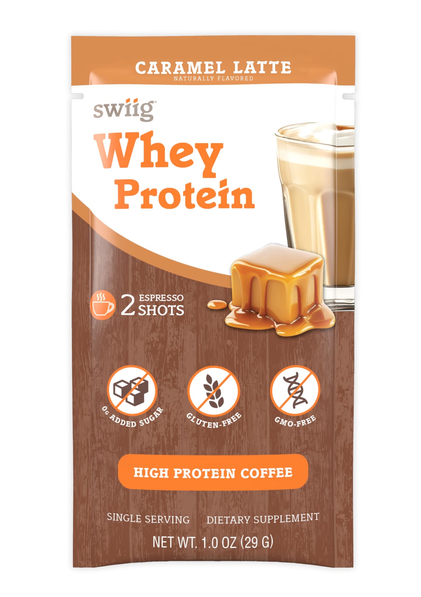 swiig Whey Protein Powder Caramel Latte Single-Serve Packets, 10 Count