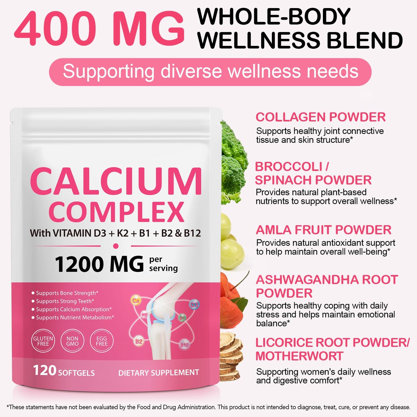 RTEWXLP Calcium Complex Supplement with D3, K2, B1, B2 & B12 Softgels, 120 Count