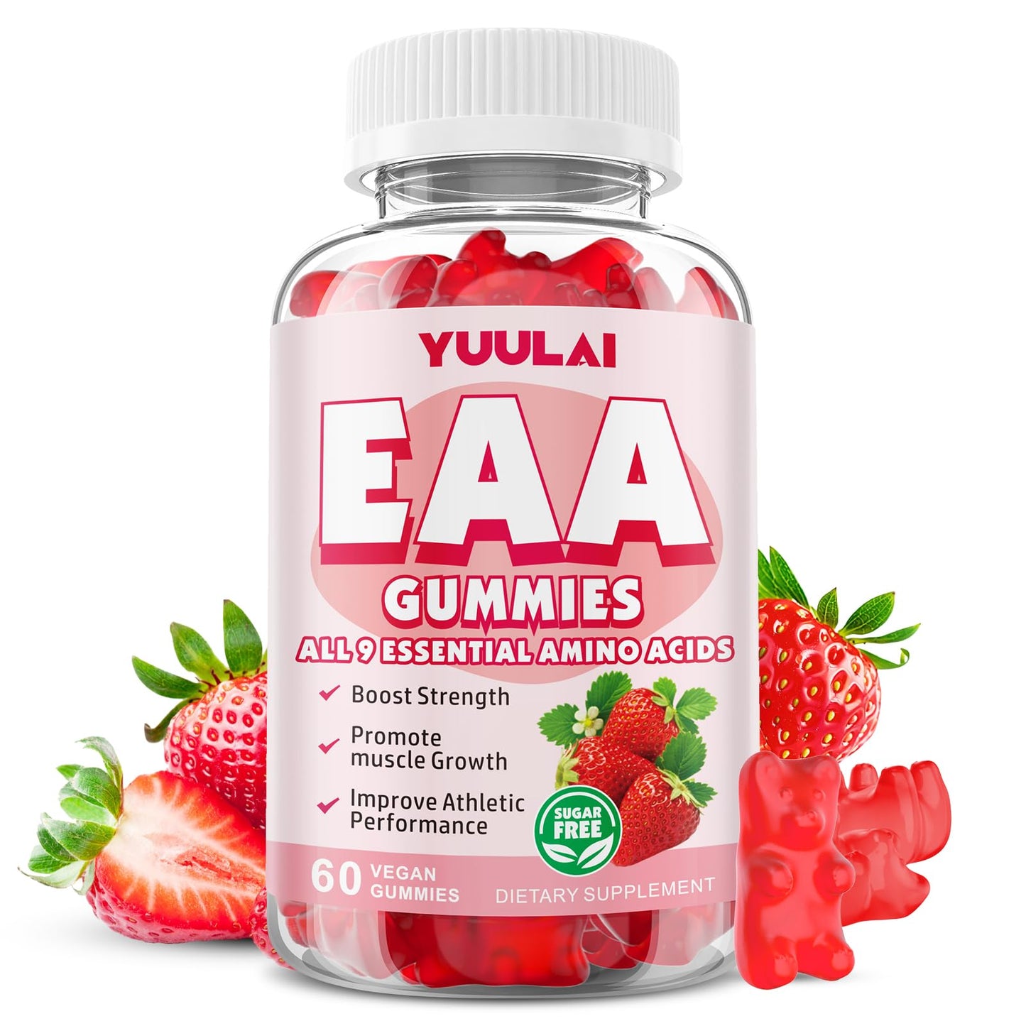 YUULAI EAA Gummies Essential Amino Acids (9 EAA) and BCAAs - Muscle Recovery, Energy Support, Strawberry Flavor, 60 Count