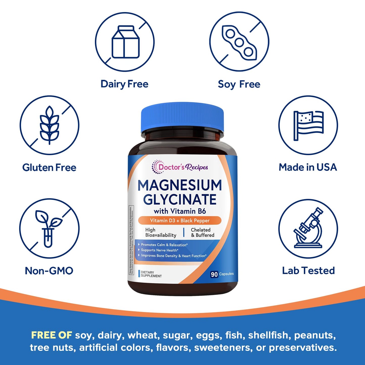 Doctor's Recipes Magnesium Glycinate 420mg with Vitamin B6 & D3 Capsules, 90 Capsules