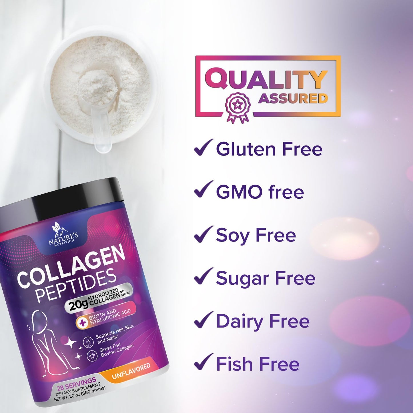 Nature's Nutrition Collagen Peptides Powder Hydrolyzed Type 1 & 3 20 g per serving
