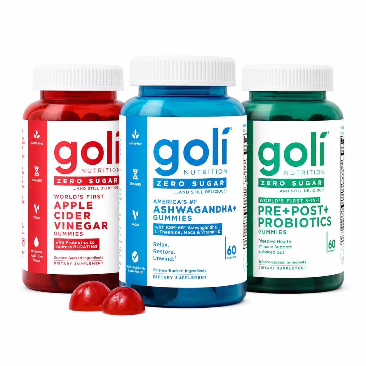 Goli Zero Sugar Trio - World's First 3-in-1 Pre, Post, Probiotic, Apple Cider Vinegar with Vitamin B12 and Probiotics, Ashwagandha & L-Theanine, Vitamin D Gummies, 180 Count