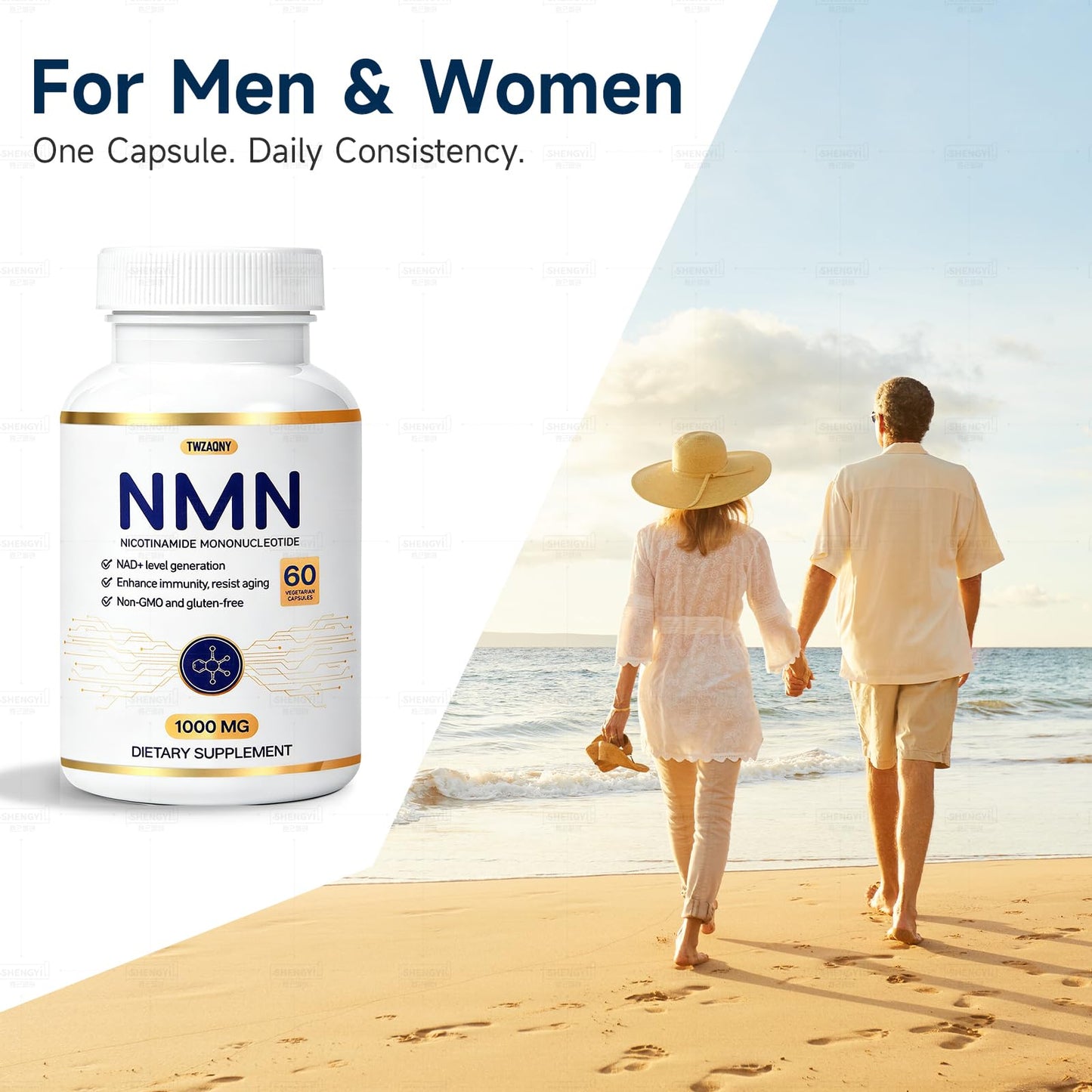 Twzaqny NMN Supplement 1000mg 10-in-1 Formula with Nicotinamide Mononucleotide, Resveratrol, and NAD+ Precursors 60 Capsules