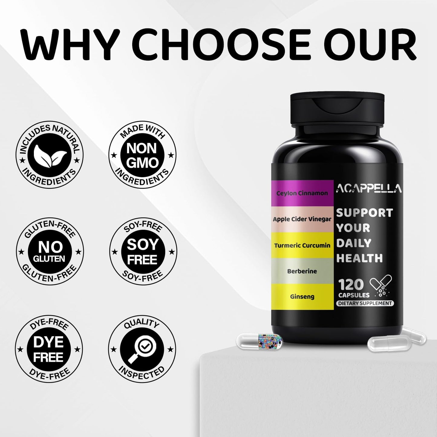 ACAPPELLA Berberine Turmeric Supplement & Apple Cider Vinegar Turmeric Cinnamon Bitter Melon Milk Thistle Fenugreek Complex 120 Capsules