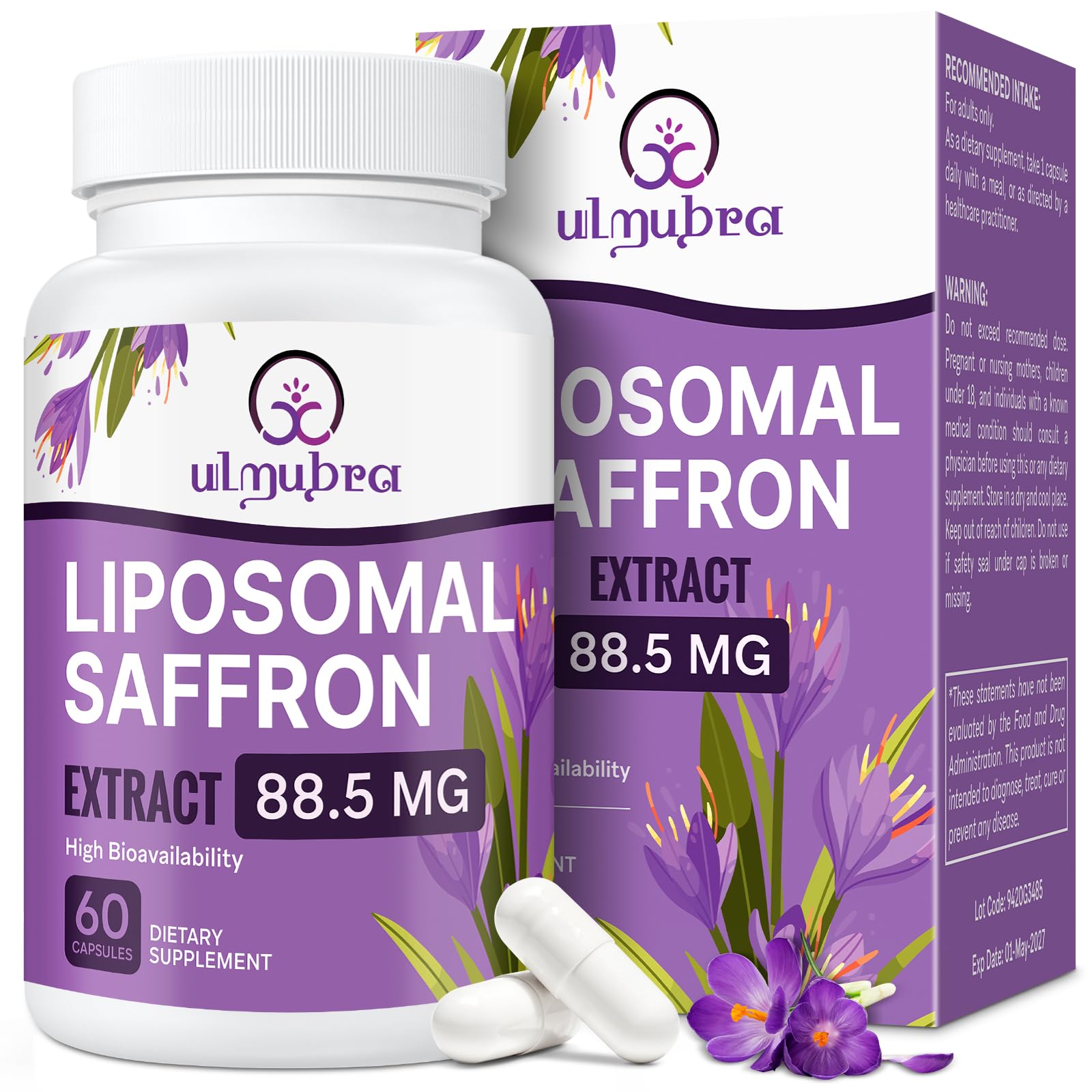 Ulmubra Liposomal Saffron Capsules 88.5 mg, Maximum Absorption, 100% Pure Saffron Extract, 60 Vegan Capsules