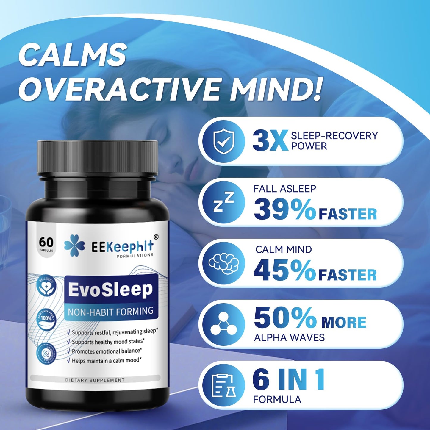 EEKEEPHIT 6 in 1 Melatonin-Free Sleep Aid Sleep Complex with Ashwagandha, GABA, L-Theanine & 5-HTP, VIT B6(P5P) for Adults, Supports Deep Relaxation, Capsule, 60 Capsules