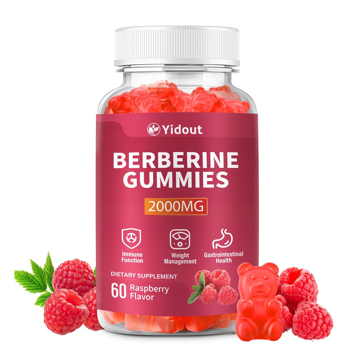 Yidout Berberine HCL 2000mg Gummies Raspberry, 60 Count
