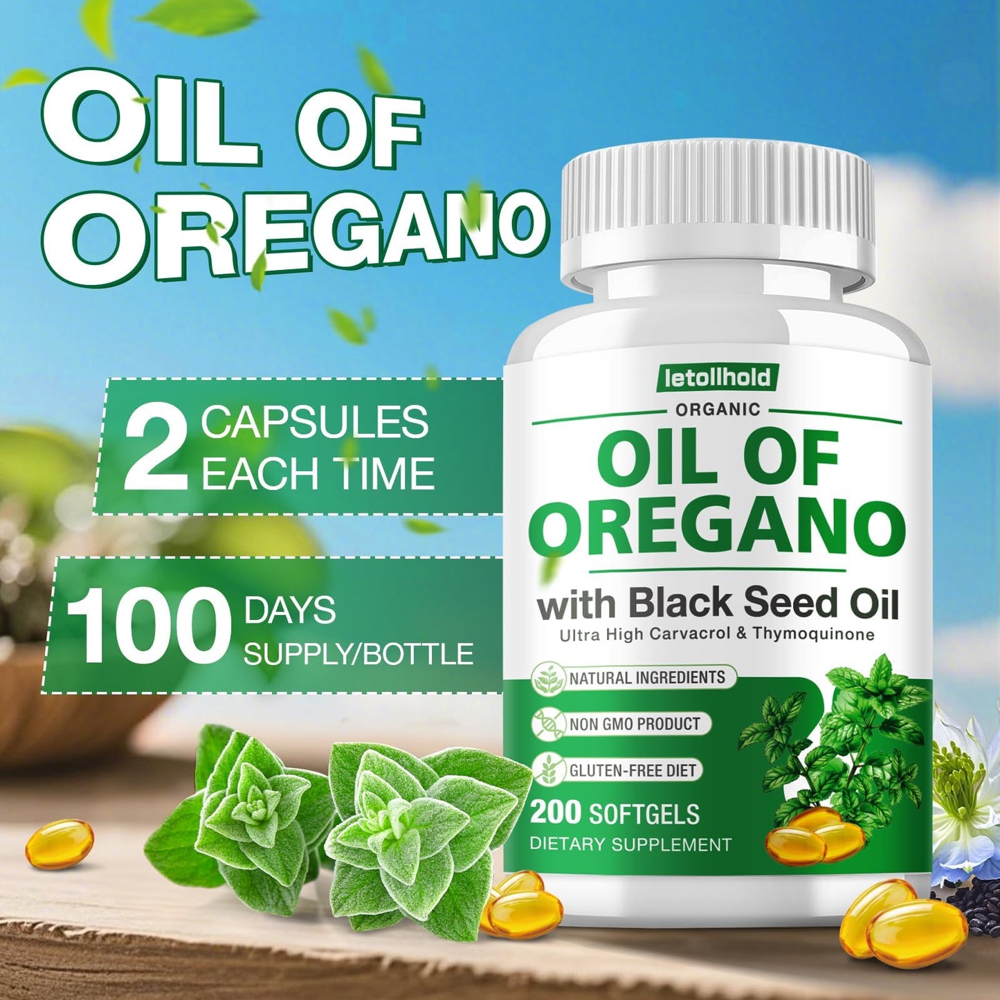 Letollhold Oil of Oregano with Black Seed Oil Capsules, 400 Count