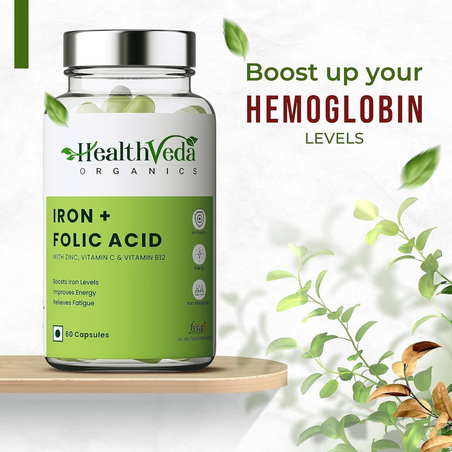 Generic Iron + Folic Acid Supplement with Zinc, Vitamin C & Vitamin B12 Capsules, 60 Count
