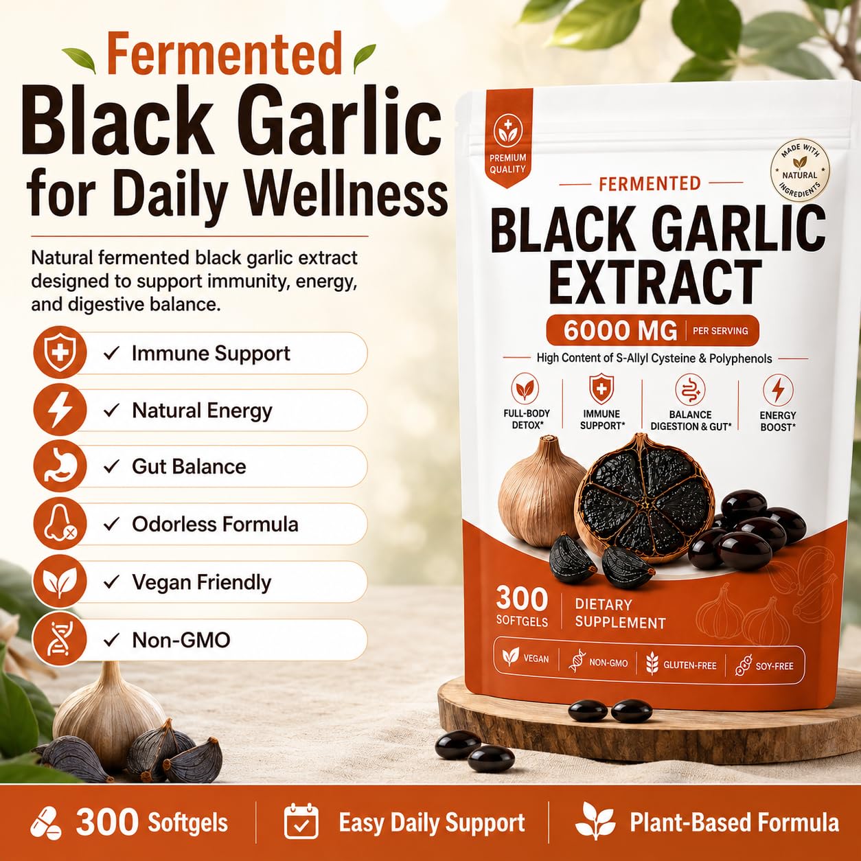 LumiLight Fermented Black Garlic Organic Extract, 300 Softgels