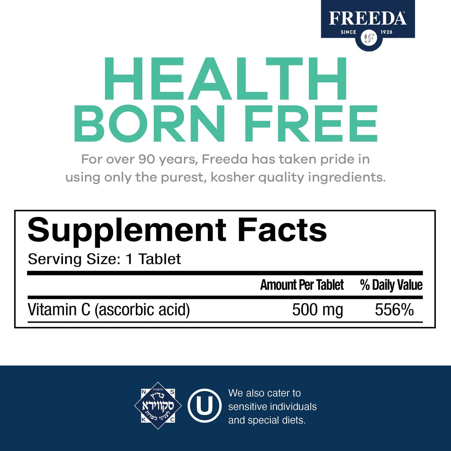 FREEDA Vegan Vitamin C 500mg Tablet, 250 Count