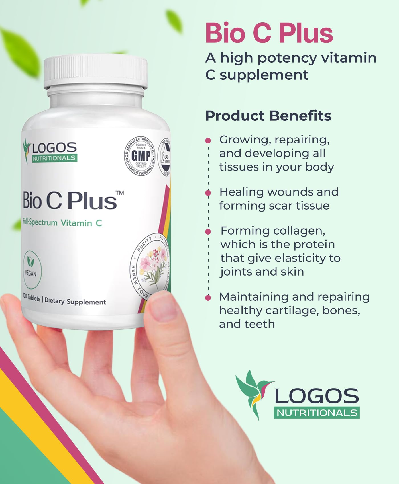 logos nutritionals Bio C Plus Vitamin C 1000 mg - High Potency Vitamin C Supplements with Ascorbic Acid & Rose Hips, Supports Healthy Immune System & Antioxidant Protection, Vegan, 100 Tablets