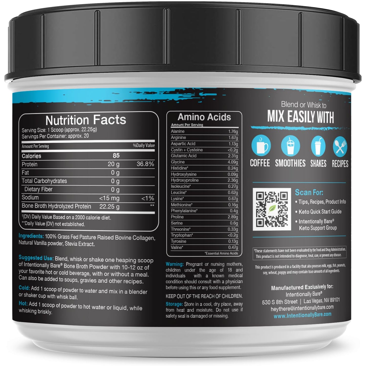 Intentionally Bare Bone Broth Protein Powder - Vanilla, Grass-Fed, 16.5 oz