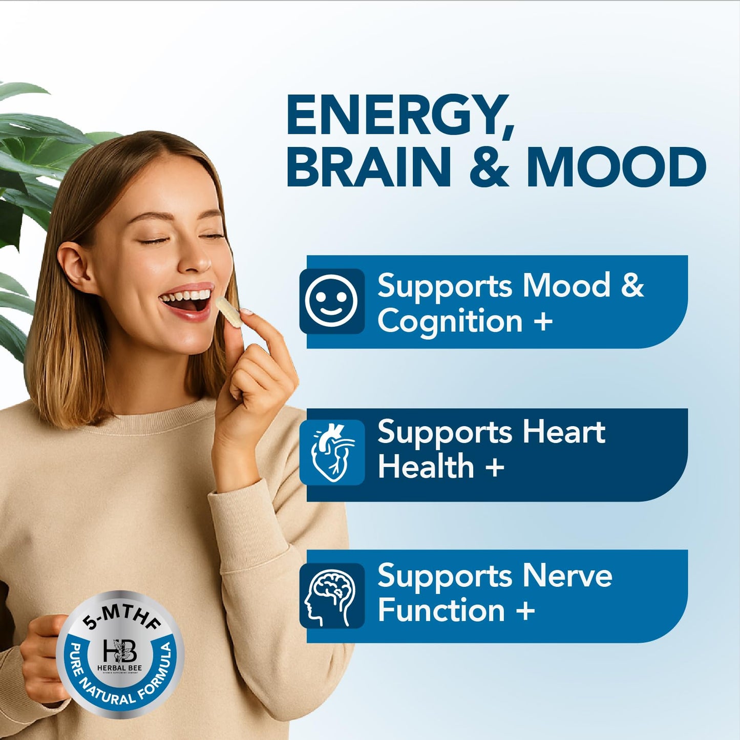 Herbal Bee 5-MTHF Folate Supplement Activated L-Methylfolate, Plus Methyl B12 Cofactor & B6 Methylated B2 Complex, 90 Capsules