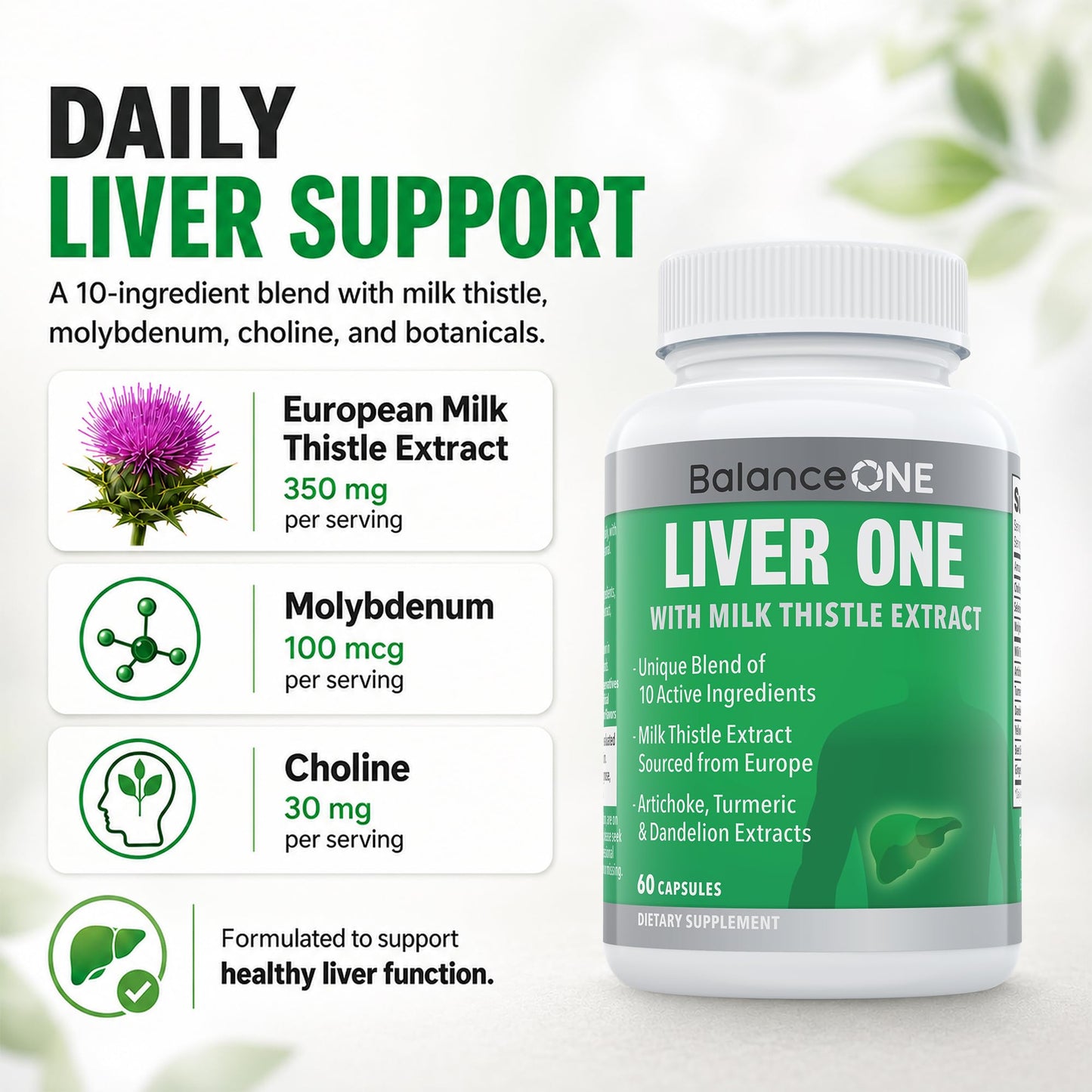 Balance ONE Liver Support Supplement with Milk Thistle, Molybdenum, Dandelion Root & Choline Capsule, 60 Count
