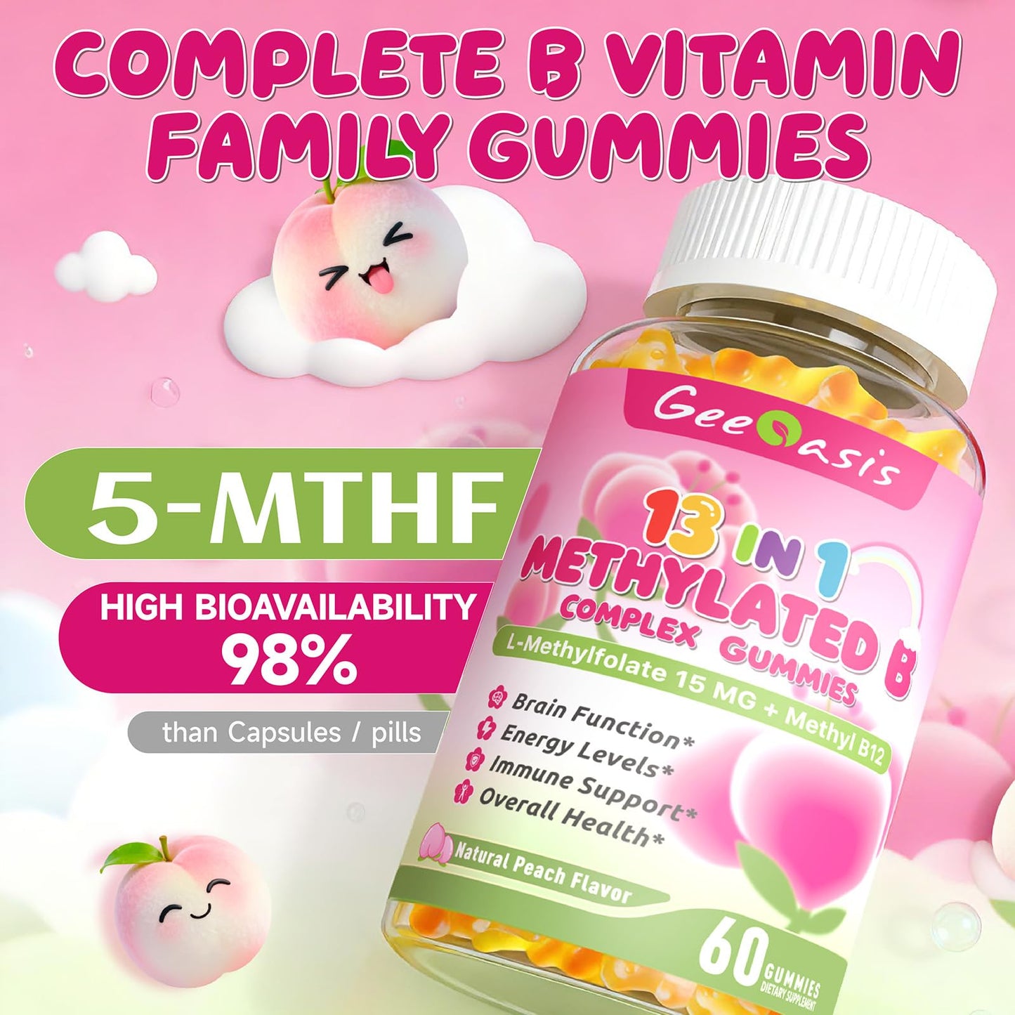 Geeoasis L-methylfolate for Kids Gummies, Methylated B Complex Chewable Supplement for Women, with Methylated B12, Zinc Citrate, Vitamin C, Choline, Theanine & Saffron, Energy, Stress, 5-MTHFR, 60 Count