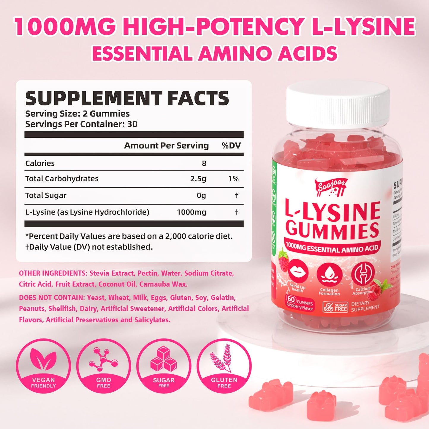 Saajoor L-Lysine 1000mg Gummies for Immune Support & Skin Health, Raspberry Flavor, Vegan, Gluten Free, 120 Gummies