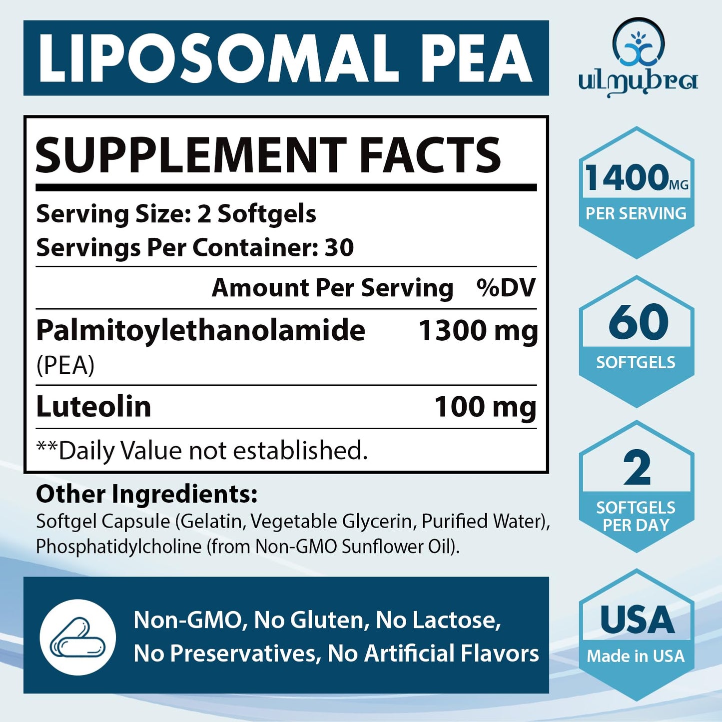 Ulmubra Liposomal Palmitoylethanolamide 1300 mg Plus Luteolin 100 mg Softgels, 60 Count