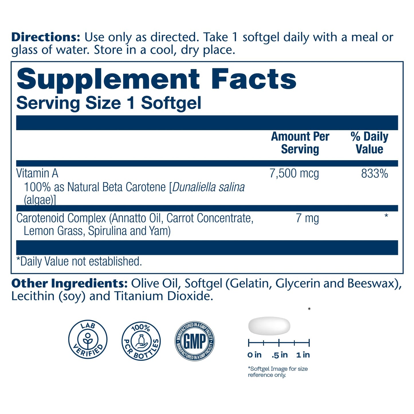 SOLARAY Food Carotene 7500mcg (25000 IU) Beta Carotene Vitamin A Supplement Softgels 200