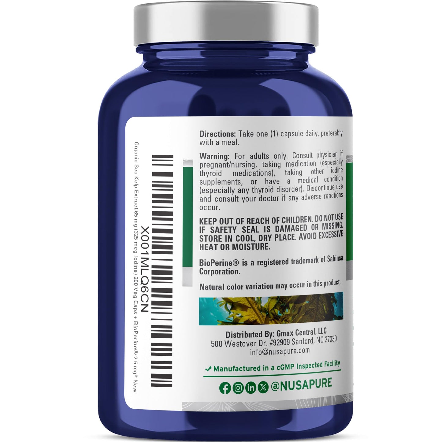 NusaPure Sea Kelp Natural Iodine Capsules 200 Count