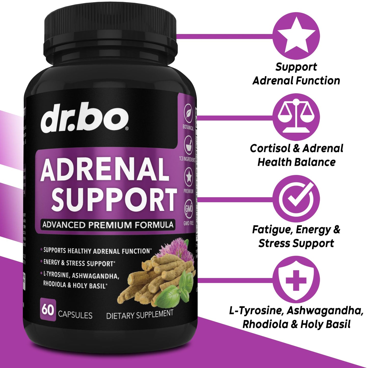DR. BO Adrenal Support Cortisol Manager Supplement Capsules, 60 Count