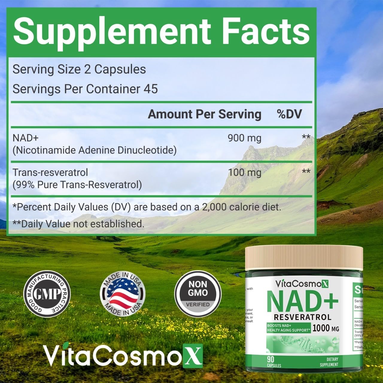 VitaCosmoX NAD+ Nicotinamide Riboside Resveratrol Supplement 1000 mg, 90 Capsules