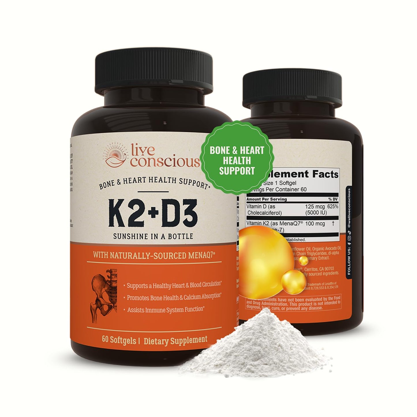 Live Conscious Vitamin K2 MK7 with D3 Supplement Softgels 60 Count